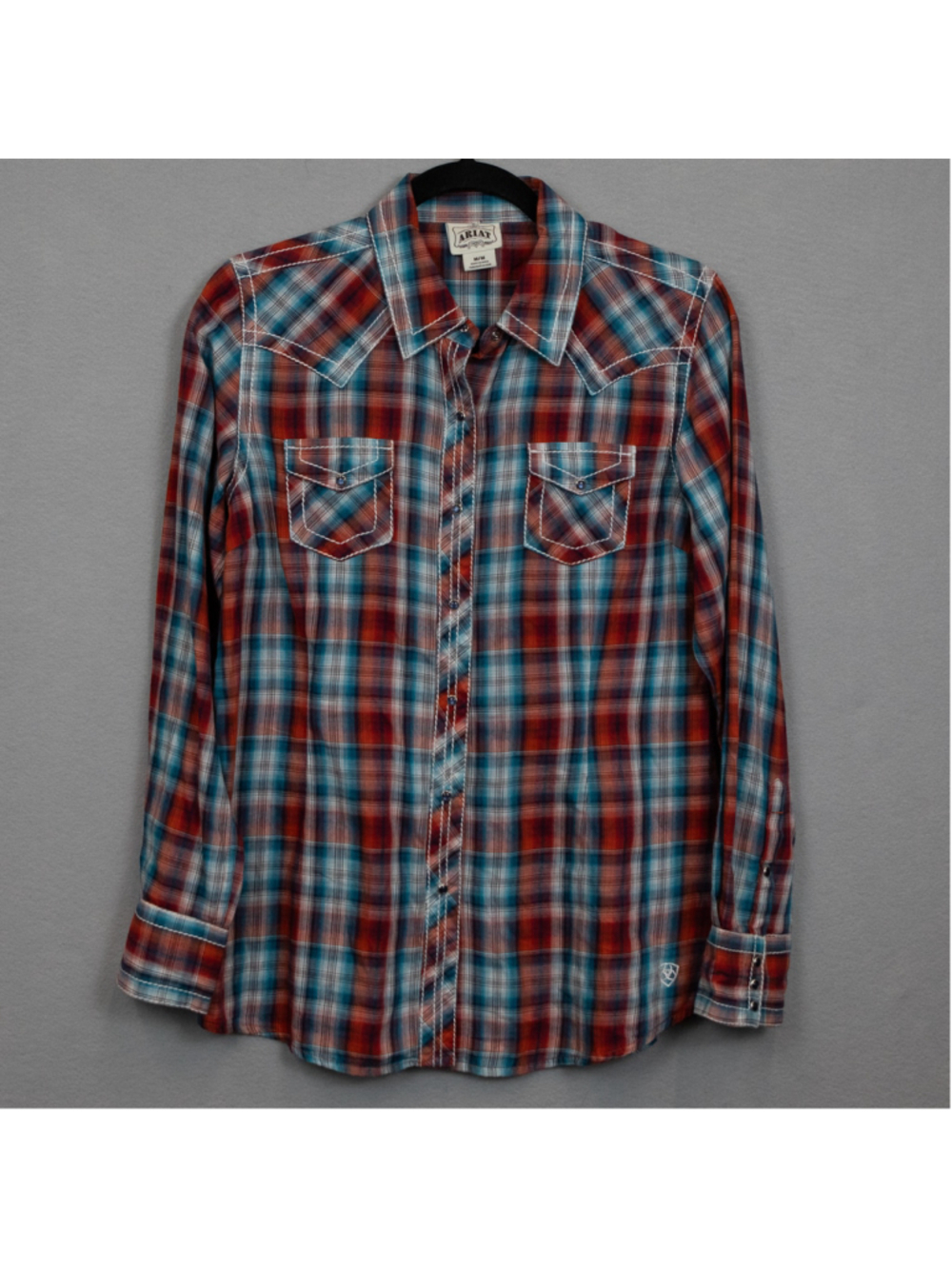 Ariat western red and blue plaid long sleeve snap button down shirt-M